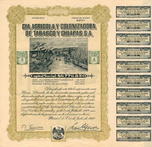 Cia. Agricola Y Colonizadora De Tabasco Y Chiapas, S.A. - Stock Certificate